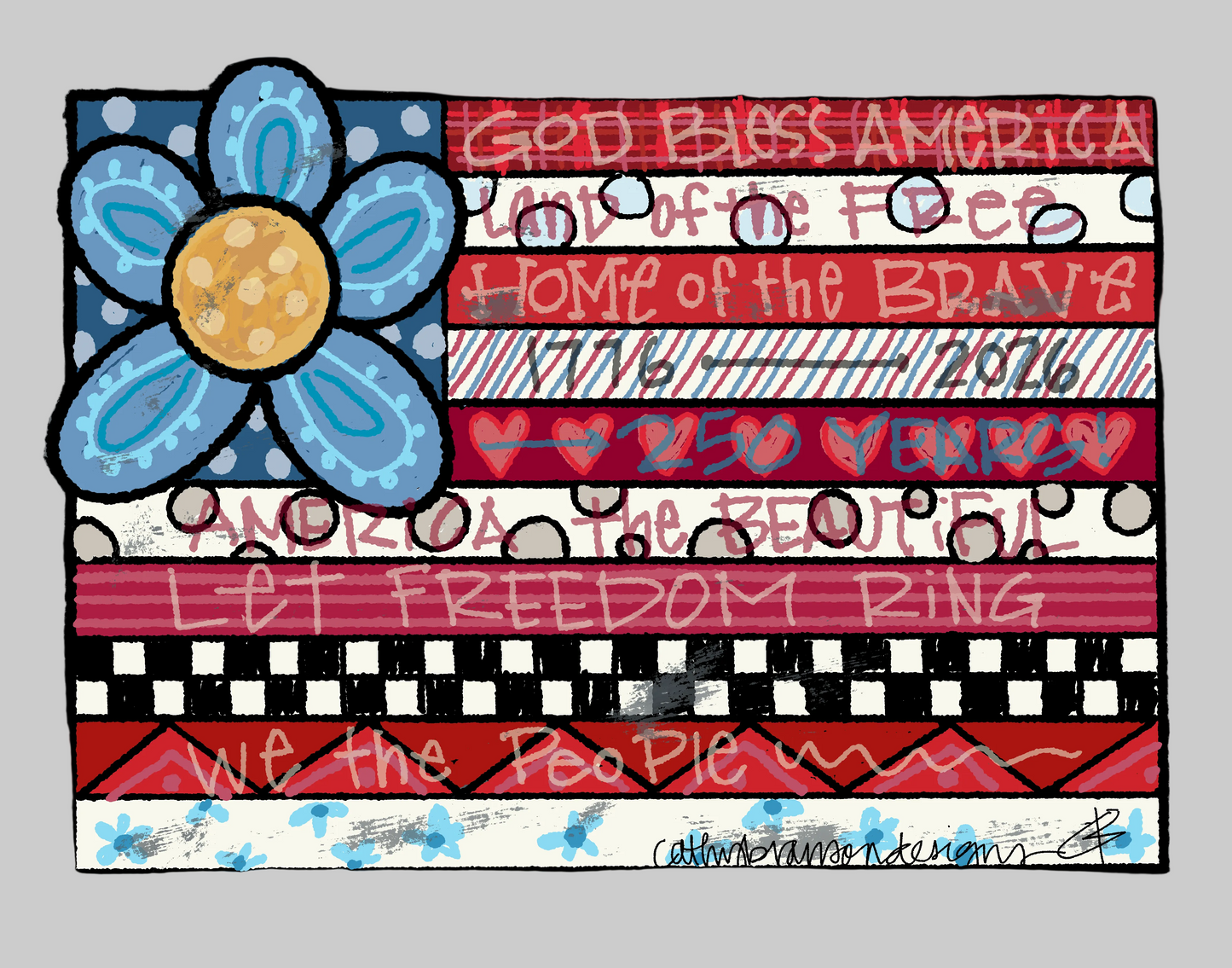American flag with flower
